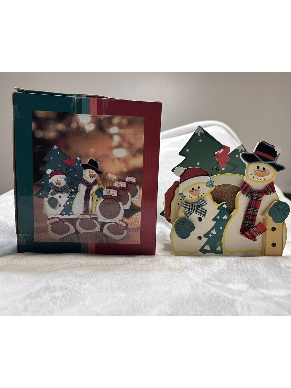 6 Snowman Family Coasters In Snowman House Holder Whimsical Christmas